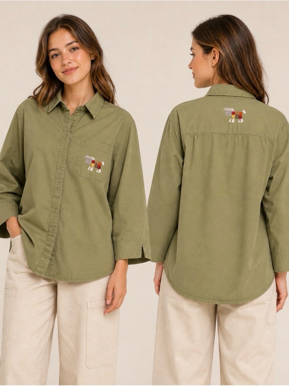 Christopher & Banks Olive Green Embroidered Sheep Button Up Shirt Size L
